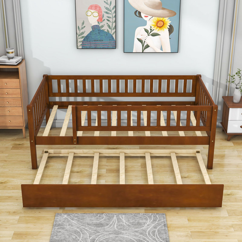  Wooden Daybed with with Trundle and Slats, Twin, Walnut