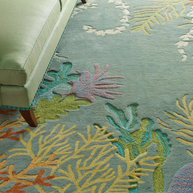 To Bay Go Floral Handmade Tufted Wool Area Rug in Blue/Green/Gray, Runner 2'6" x 8'