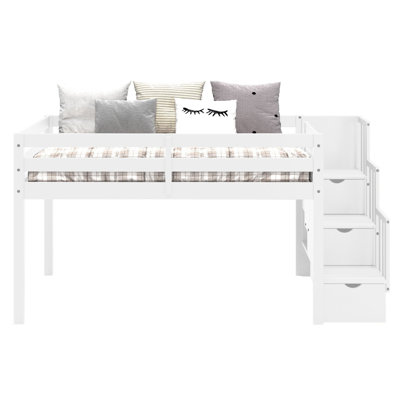 Johannes Solid Wood Twin Low Loft Bed with 3 Step-Stairway