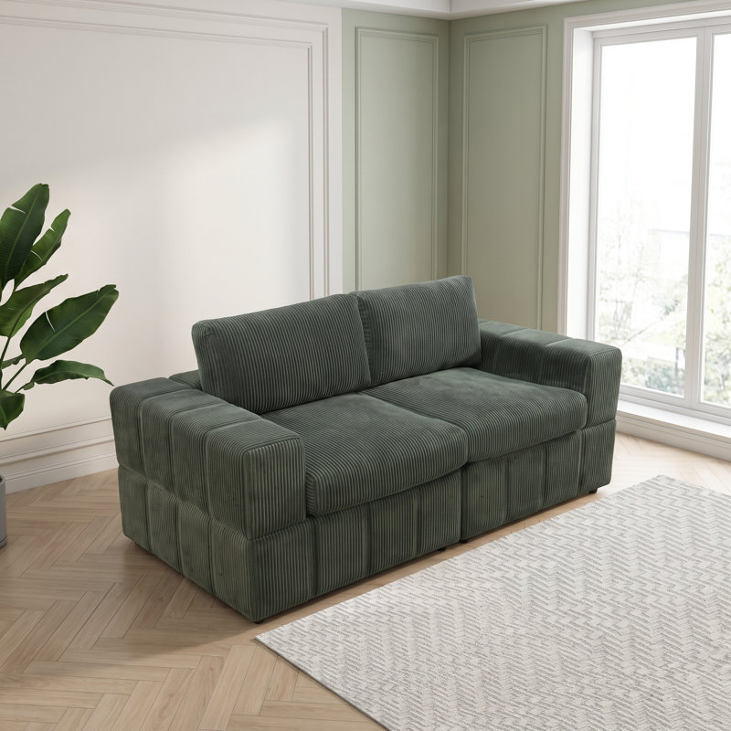 76‘’Green Corduroy Modular Loveseat Sofa，Solid Wood Frame High-Density Memory Foam