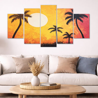 Coucher de soleil, oasis de palmiers I - palmiers, art mural 5 panneaux