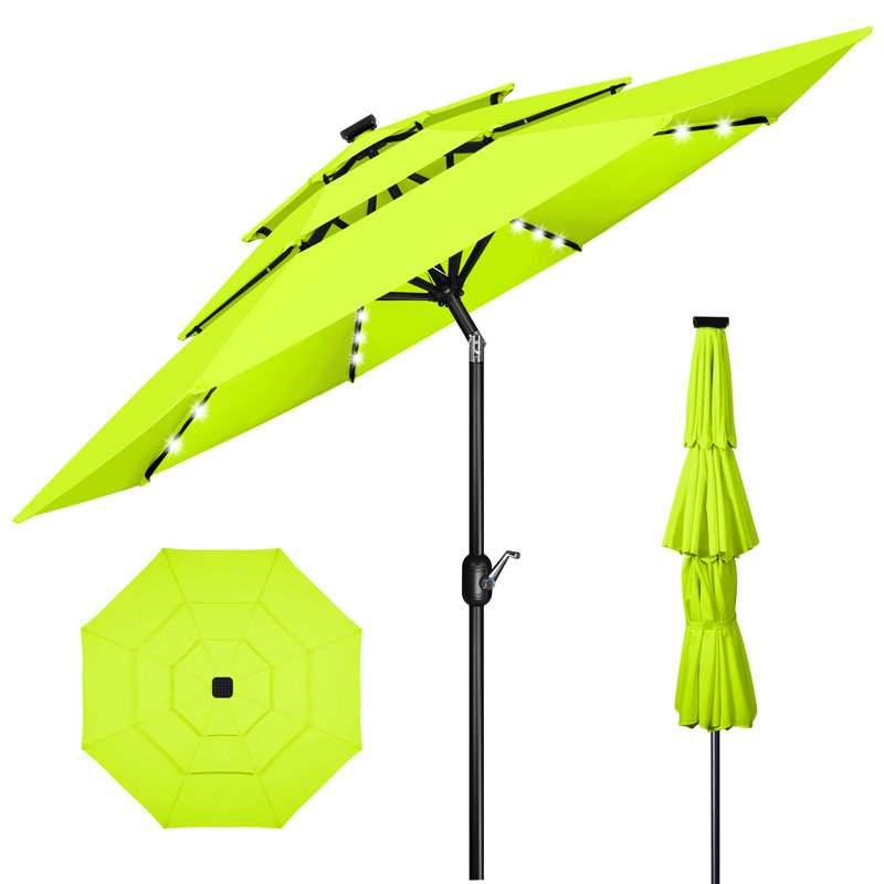 3 m 3-Tier Solar Patio Umbrella,32 LED Lights Patio Table Umbrellas With Tilt And Crank,8 Sturdy Ribs For Market, Beach, Pool, Garden, Deck, Backyard