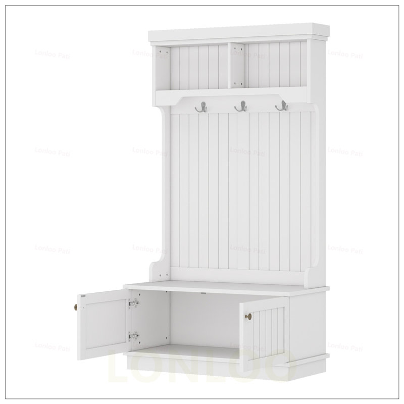 Hall Tree with Storage Shoe Bench for Entryway, 4-in-1 Design with Hooks and Shelves, Solid Wood Construction, White