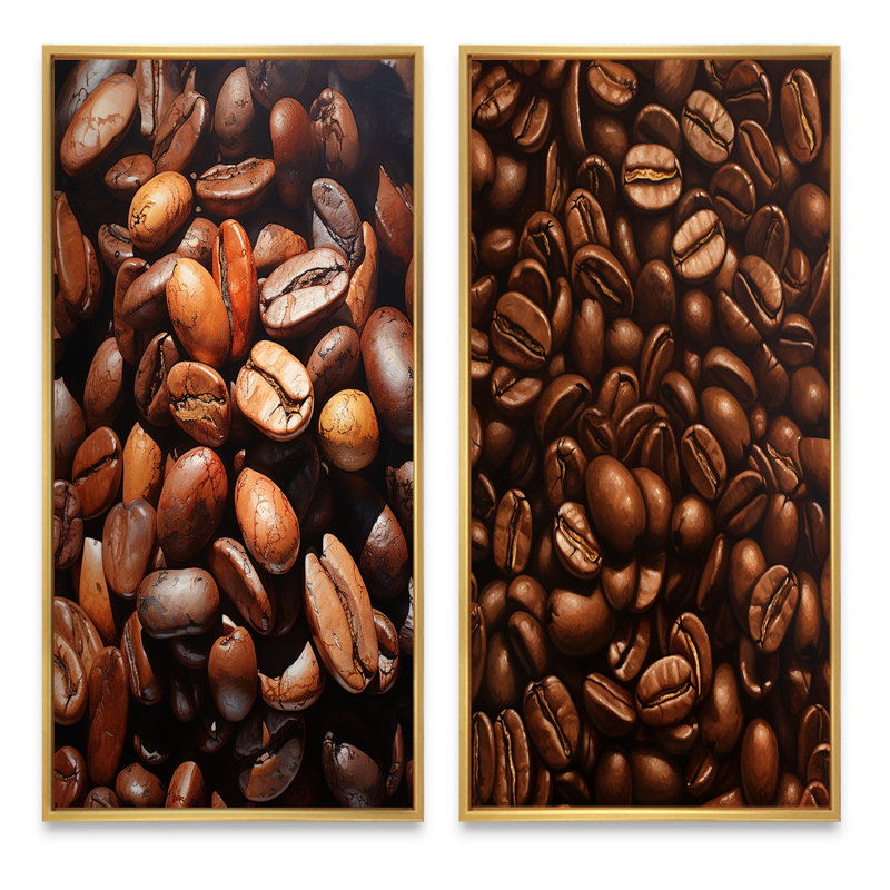 Grains de café torréfiés alimentaires «Grains de café torréfiés alimentaires» 2 pièces, Encadrement doré, H 20 po x l 24 po