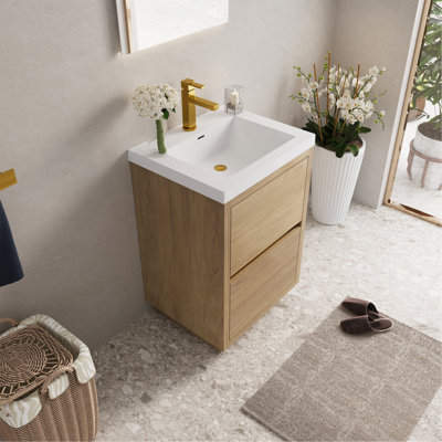 Meuble-lavabo autoportant de 24 po avec lavabo, meuble-lavabo avec comptoir en résine de pierre et tiroirs à fermeture douce, chêne naturel