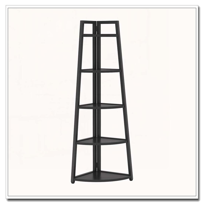 70.07" Tall Corner Shelf, 5 Tier Rustic White Corner Bookshelf Bookcase Industrial Corner Ladder Shelf, Black