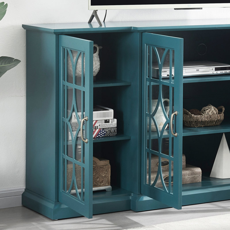 Meuble télé 63 po bleu sarcelle - 4 portes avec 6 tablettes réglables, design agréable, buffet avec gestion des câbles, beaucoup d'espace, portes, construction, efficacité