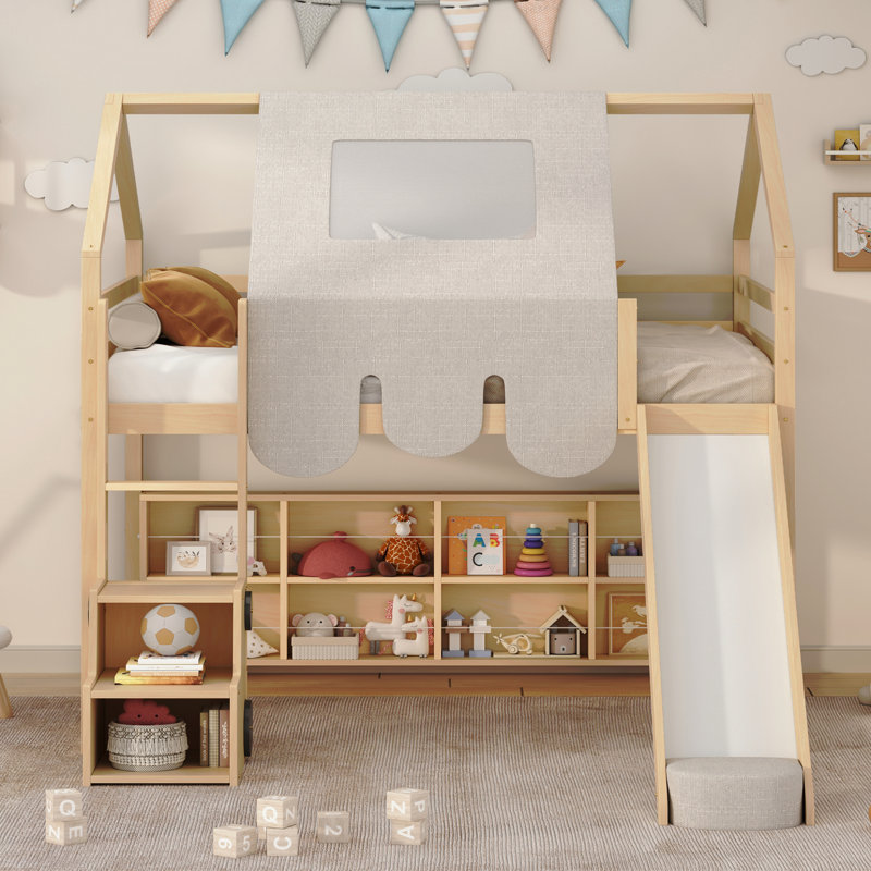 Lit mezzanine en bois simple avec structure en forme de maison avec tente, Lit double, Brun