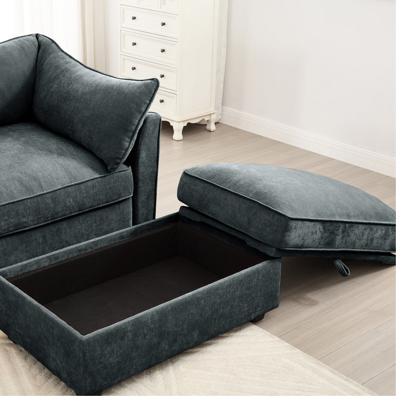 2 places avec repose-pieds, tiroir de rangement escamotable dans chaque siège, tissu en chenille doux et lisse au toucher, intérieur gris de style moderne - siège sous les coussins de l'accoudoir enveloppant, aménagement intérieur diversifié