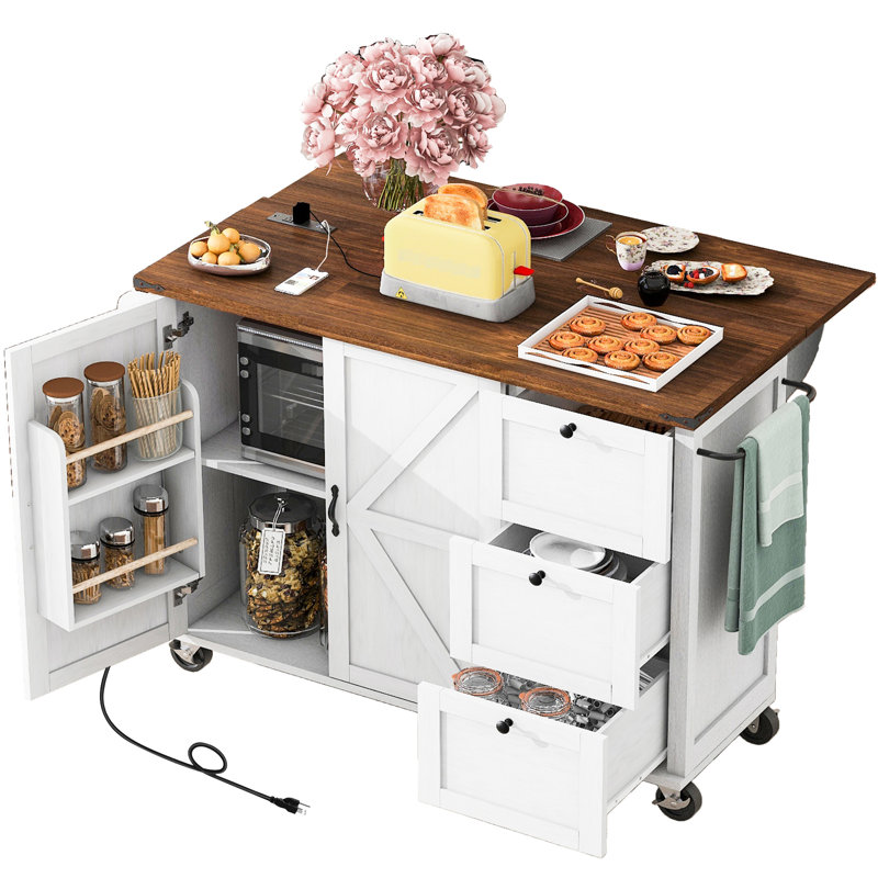 Kitchen Island With Internal Storage And Outlet - 54.5" White Rolling Cart For A Modern Look Storage, Power Supply, Wheels, Drop Leaf, Enchanting Dining Room