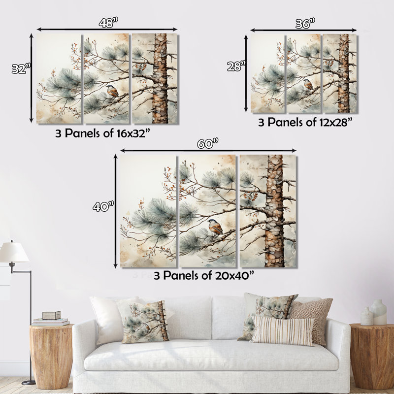 Décoration murale oiseau sur pin II, H 16 po x l 32 po x P 1 po, Cadre flottant brun