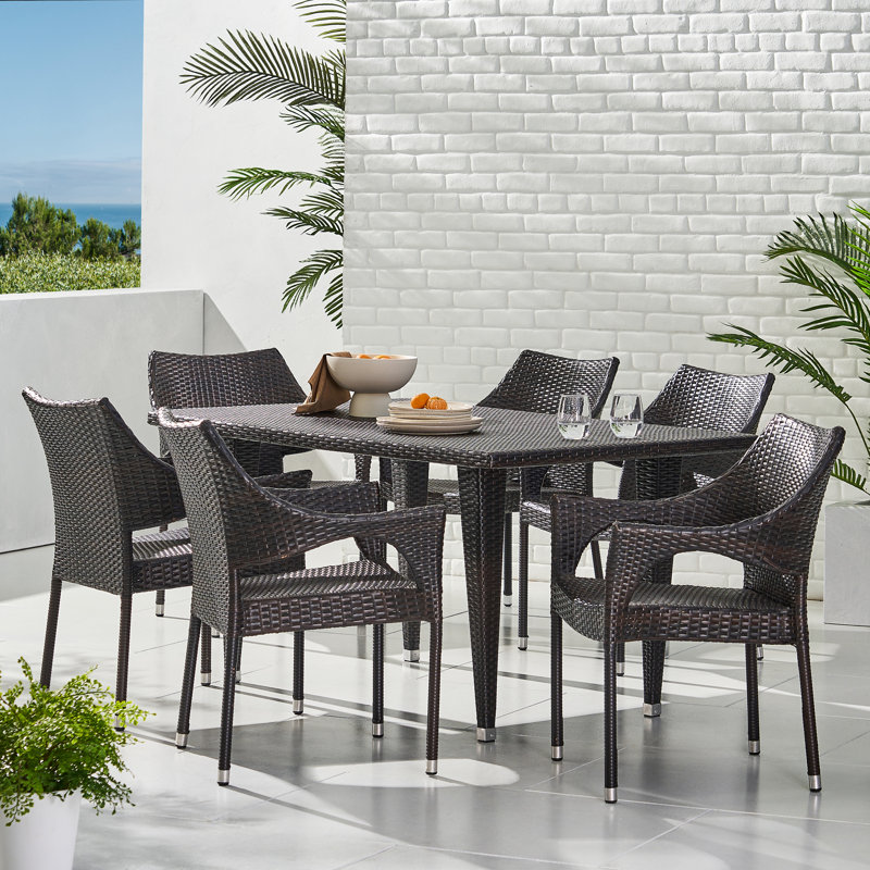 Celine 6 - Person Wicker Patio Dining Set with Rectangular Table, Multi Brown