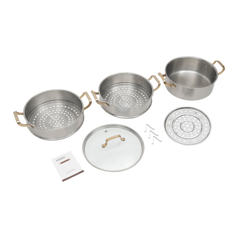 Casserole à vapeur à 3 niveaux en acier inoxydable avec couvercle visuel, 3, 10.23"