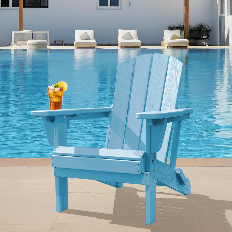 HDPE Outdoor Foldable Adjustable Back Adirondack Chair with Cup Holder, Light Blue