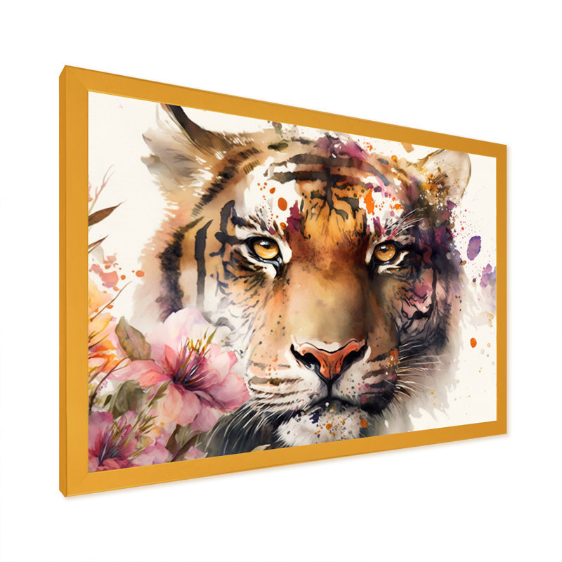 Portrait de tigre avec fleurs I - reproduction sur toile, H 30 po x l 40 po x P 1,5 po, Impression dorée sur toile encadrée