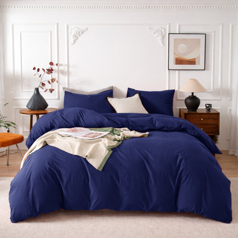 3-Piece Dyed Duvet Cover Set With Pillowcases, Super King Duvet Cover + 2 Standard Pillowcases, Navy