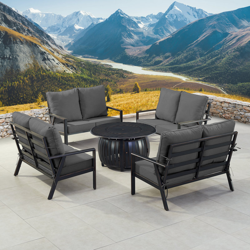 Ensemble de table de foyer en aluminium noir avec quatre causeuses profondes, Noir