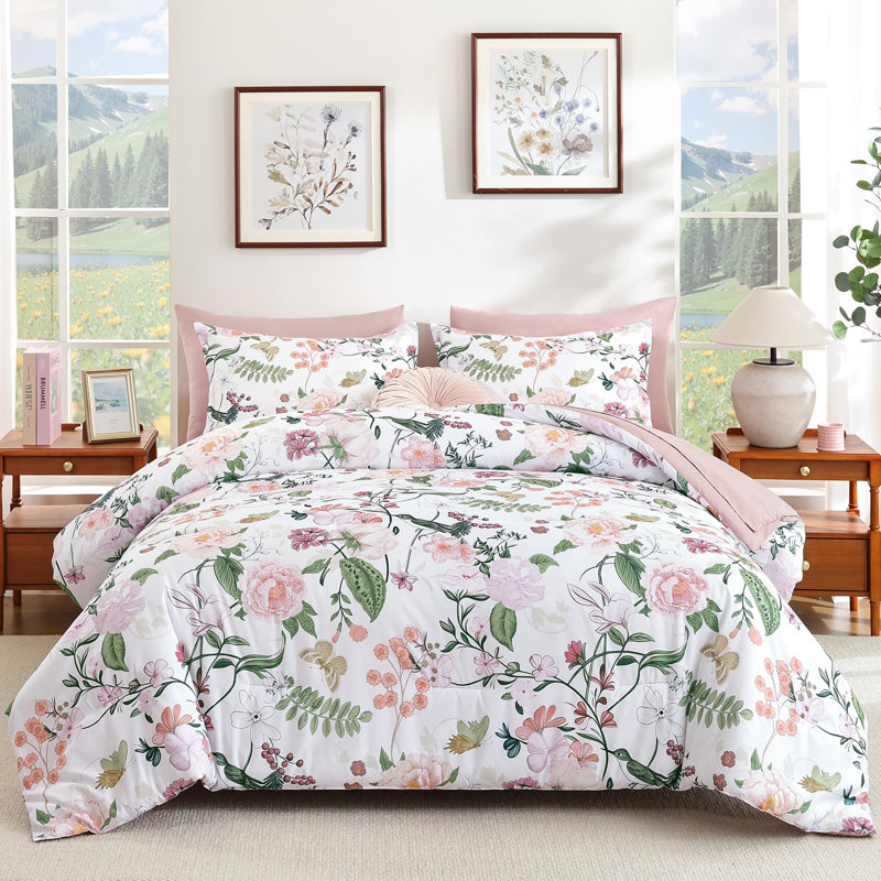 Ensemble d'édredon fleur 7 pièces avec draps, taies d'oreiller et taies décoratives, Floral gris / blanc