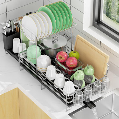 2 Tier Dish Drying Rack, Extendable Dish Rack, Stainless Steel Anti-Rust Dish Rack for Kitchen Counter