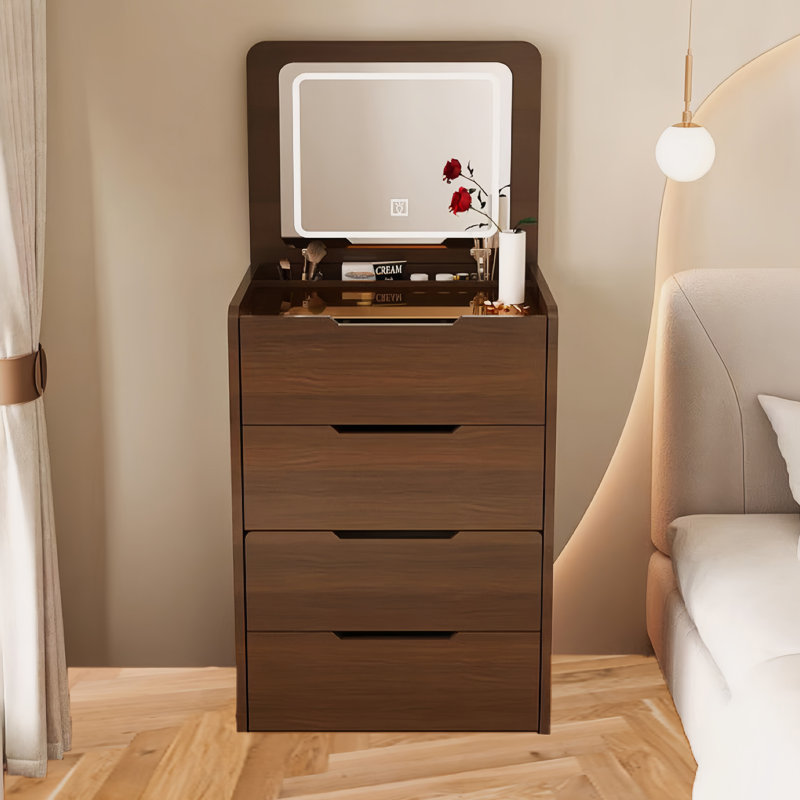 (48cm) (noyer) Bureau de coiffeuse 3 en 1 avec miroir Plip, petit ensemble de coiffeuse avec bureau en verre visible, coiffeuse compacte à maquillage avec 3 tiroirs