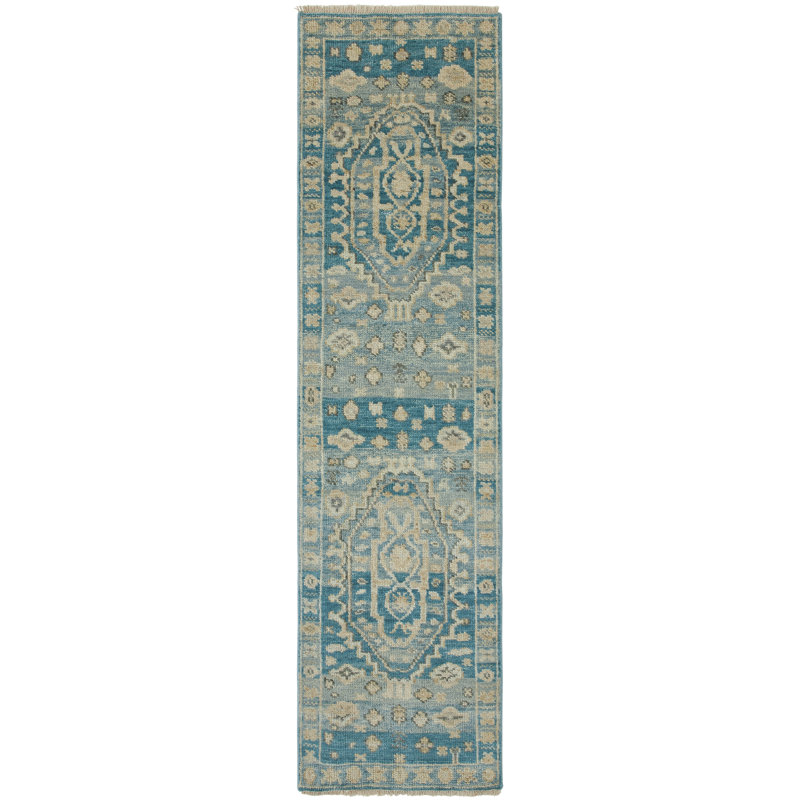 Giuliano Azure Medallion Hand-Knotted Wool Area Rug, Runner 2'6" x 10'