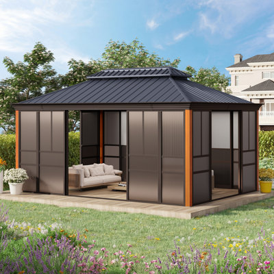 16 x 12 FT Wood Grain Sunroom Gazebo, Fully Enclosed Outdoor Solarium with Galvanized Steel Double Roof, Aluminum Frame, Sliding Doors & Slideable PE Screen Windows, Hardtop Sunroom for Patio, Backyard, Deck & Hot Tub