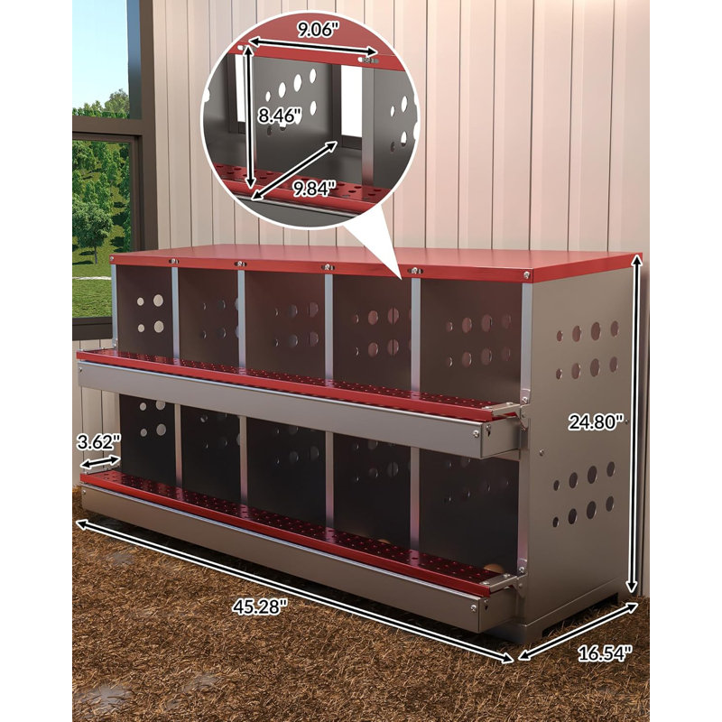 Boîte de nidification à 10 compartiments pour poules pondeuses en métal, Rouge / nickel brossé, H 25 po x l 45 po x P 17 po