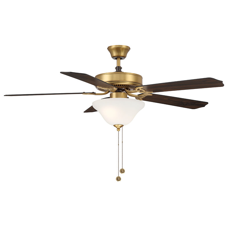 52" Garrett 5 - Blade Standard Ceiling Fan in Natural Brass with Walnut and Black Blades with Pull Chain and Light Kit Included