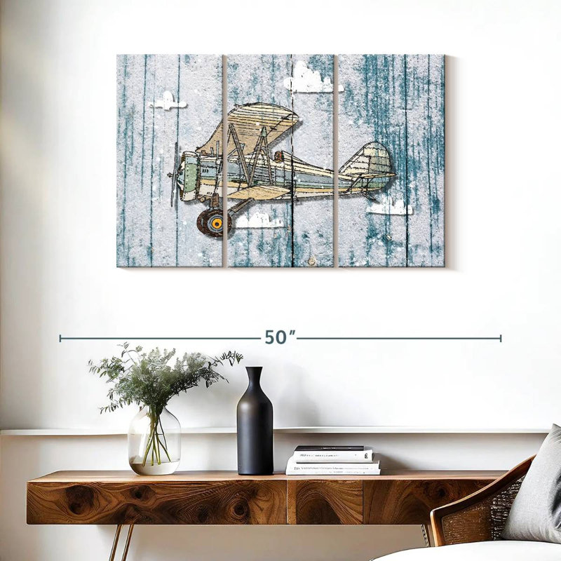 Caricature d'un avion rustique - impression sur toile tendue 3 pièces, H 24 po x l 38 po x P 1,25 po