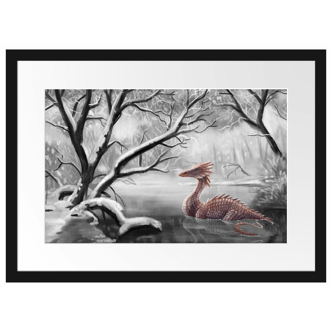 Gerahmtes Poster Drache im schneebedeckten Wald