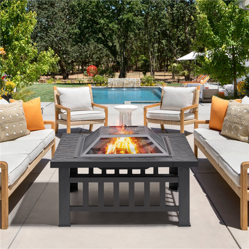 Hearthfolk Square Charcoal and Wood Burning Fire Pit, 80.5cm L x 80.5cm W x 49.5cm H, Black