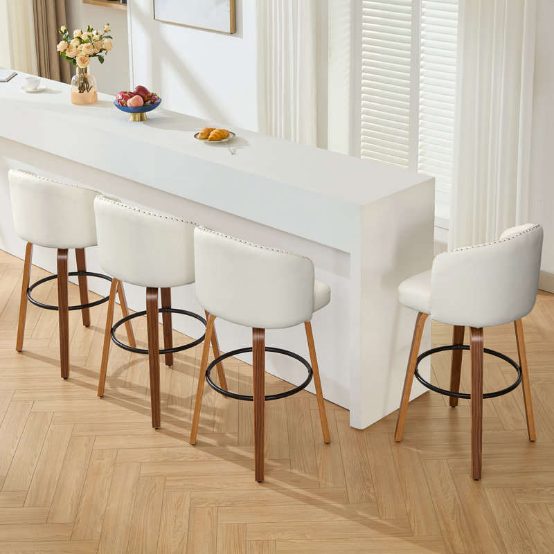 Counter Height Swivel Bar Stools With Water-Resistant Upholstered Seat Wide Backrest And Wooden Legs (Set of 4), White