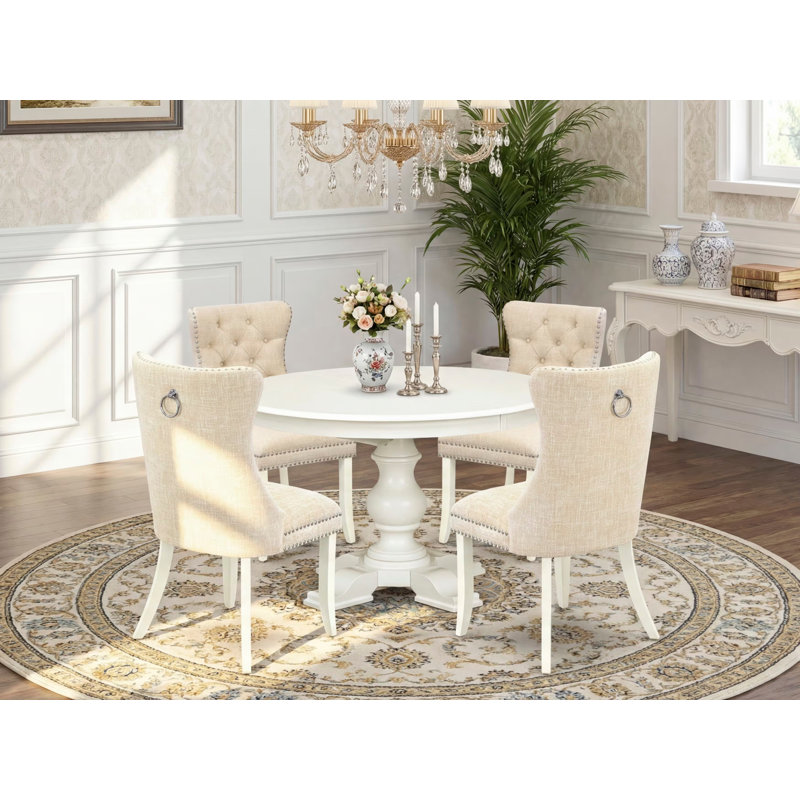 Ensemble de table de salle à manger 5 pièces, 4 chaises personne beige clair avec tissu en polyester et table ronde / ovale - Finition lin blanc.
