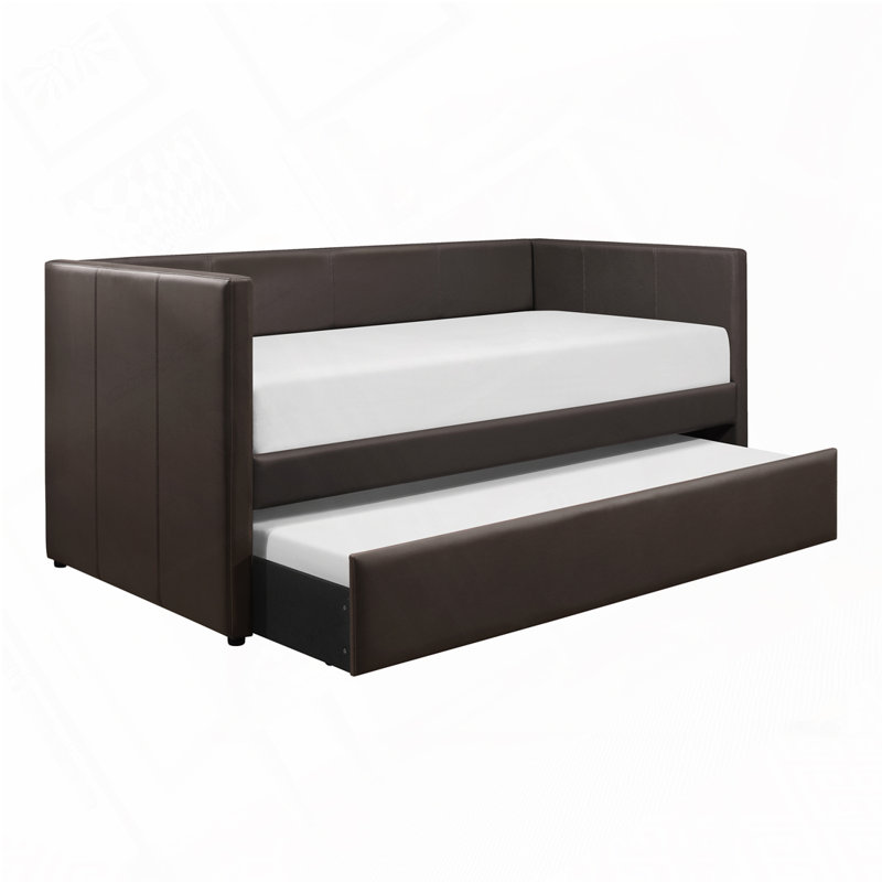 Faux Leather Upholstered Daybed with Trundle, Brown