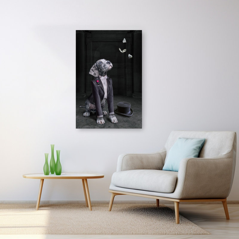 «Dapper Dog and Butterflies Butterfly Dog», reproduction d'art murale, 48" H x 32" W