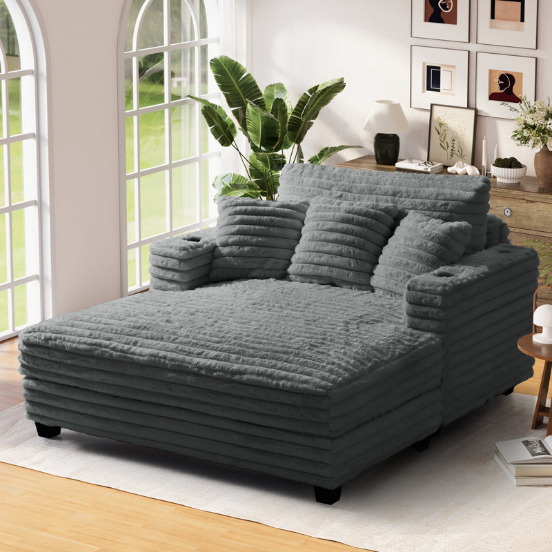 Oversized Modern Lounge Chaise Sofa Bed With Plush Faux Fur Upholstery And Pillow Set, Gray