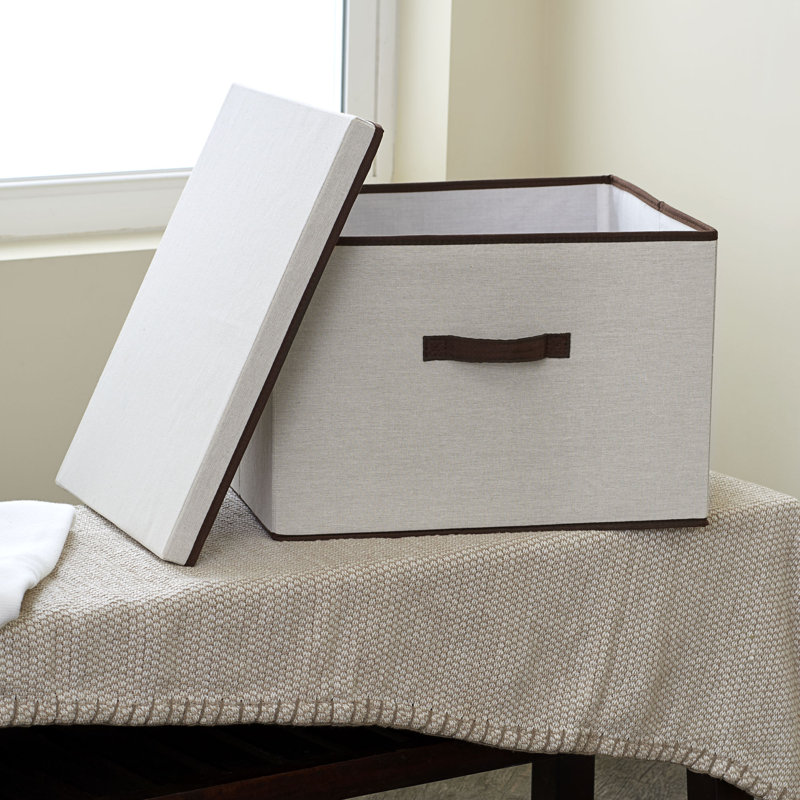 LargeStorageBoxwithLidSoftPoly-CottonCanvaswithReinforcedFrameGenerousStorageCapacityFully-RemovableLidFrontHandleVersatileFoldableandStackablewithCoffeeTrim