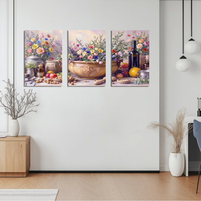 Floral Still Life With Pottery And Fruits Canvas Wrapped Wall Art Oil Painting Print Set Of 3
