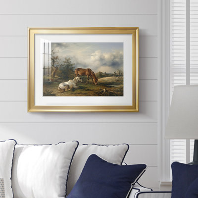 Chevaux dans une prairie (Pferde auf der Weide) -Friedrich Gauermann-reproduction encadrée avec passe-partout et verre-c. Milieu du 19e siècle