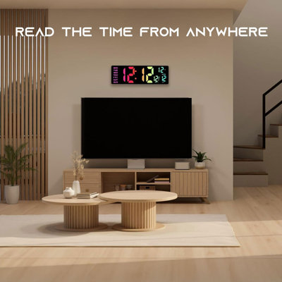Grande horloge murale numérique 16,5 po avec synchro BT, lumières RVB avec télécommande en mode 11 scènes, double alarme avec grand affichage à DEL, DST automatique, température pour les jeux en classe