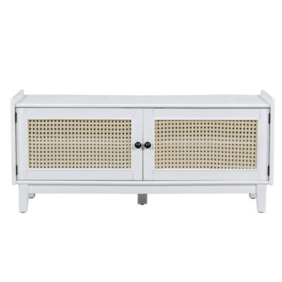 Entryway Bench with Storage, Cushioned Shoe Bench with Doors, Wooden Shoe Bench for Entryway and Hallway