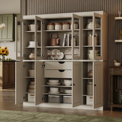Pulcova 100% Solid Wood Tall Kitchen Pantry Cabinet with Glass Doors & 2 Drawers, Adjustable Shelves, Modular Kitchen Display Storage Cabinet, 65" W x 71.5" H