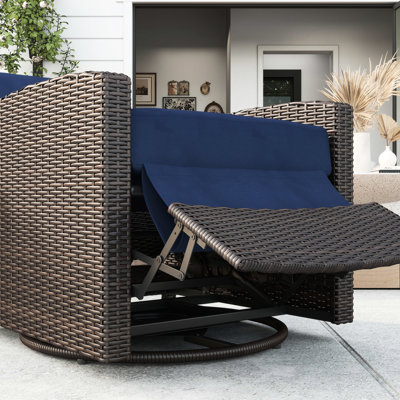 Dark Blue Swivel Chair For Outdoor, With Lifting Footrest And Reclining Porch Lawn Outdoor Recliner Footrest, 360 Rotating, Water Cushions, Patio, Backyard, Poolside