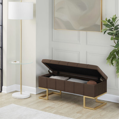 Contemporain, acier doré, velours brun, banc de rangement, revêtement capitonné, pieds en métal, couvercle rabattable, siège pour deux personnes, utilisation en intérieur, capacité de poids de 500 lb, banc moderne et en velours avec motif