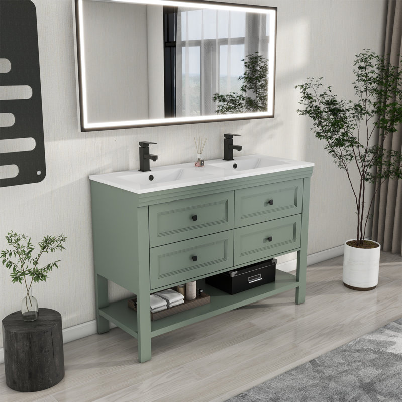 Sharee 48“ Double Sink Bathroom Vanity With Resin Countertop, Zinc Alloy Faucet, 4 Smooth Drawers 1 Open Shelf, Green