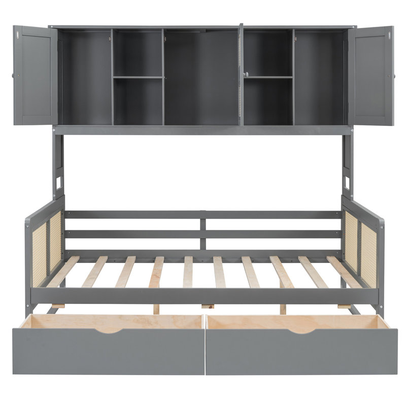 Lit de jour élégant en bois gris avec 2 tiroirs et armoire et tablette combinées, Complet/Double