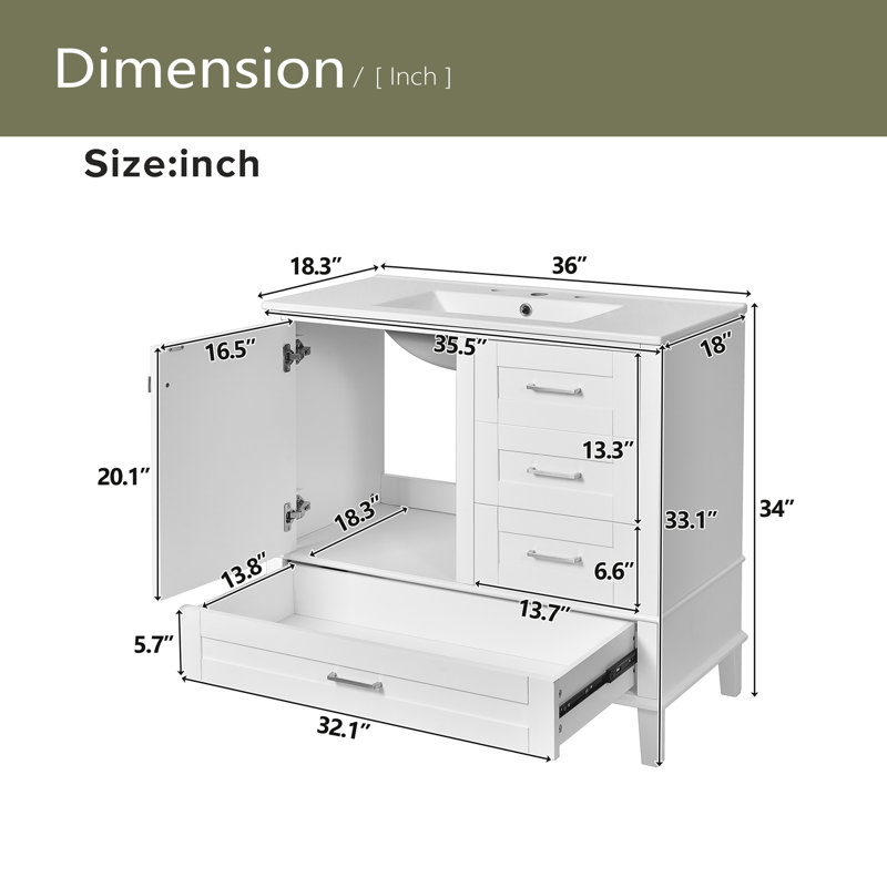 36" Bathroom Vanity With Solid Pine Frame, Silver, White