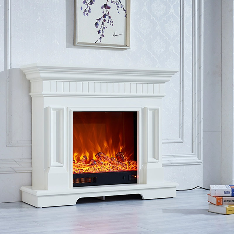 Beige Solid Wood Electric Fireplace, White