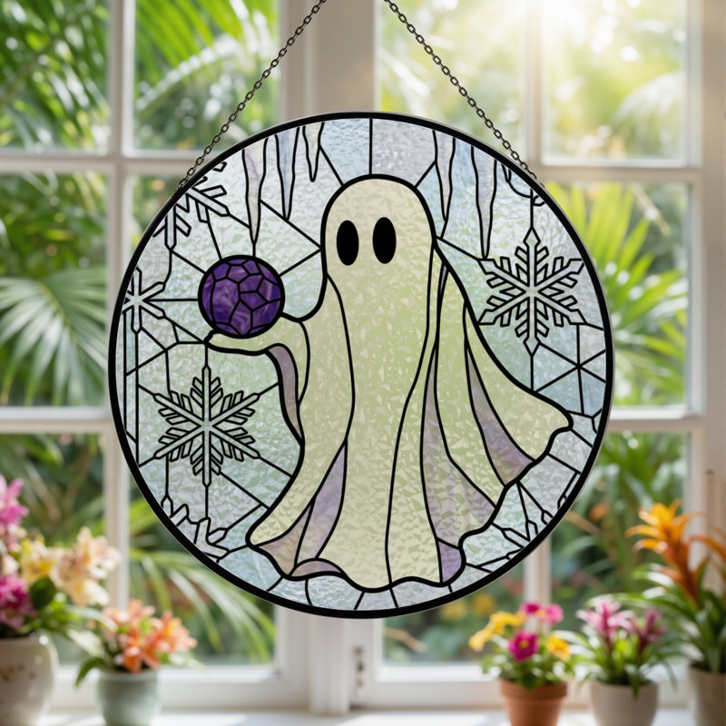 12"H Ghost Snowflake Stained Glass Window Panel