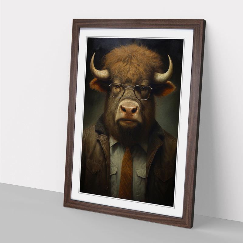 Bison with Glasses Painting - Framed Print, 46cm H x 34cm W x 2cm D, Walnut Framed